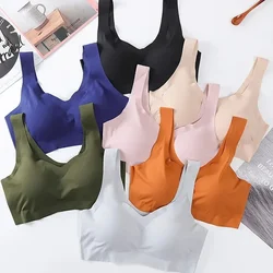 Ice Silk Bra Seamless Vest Bras Women Push Up Underwear Lingerie Sleep Top Padded Bralette No Rim Gathering Shockproof Sports