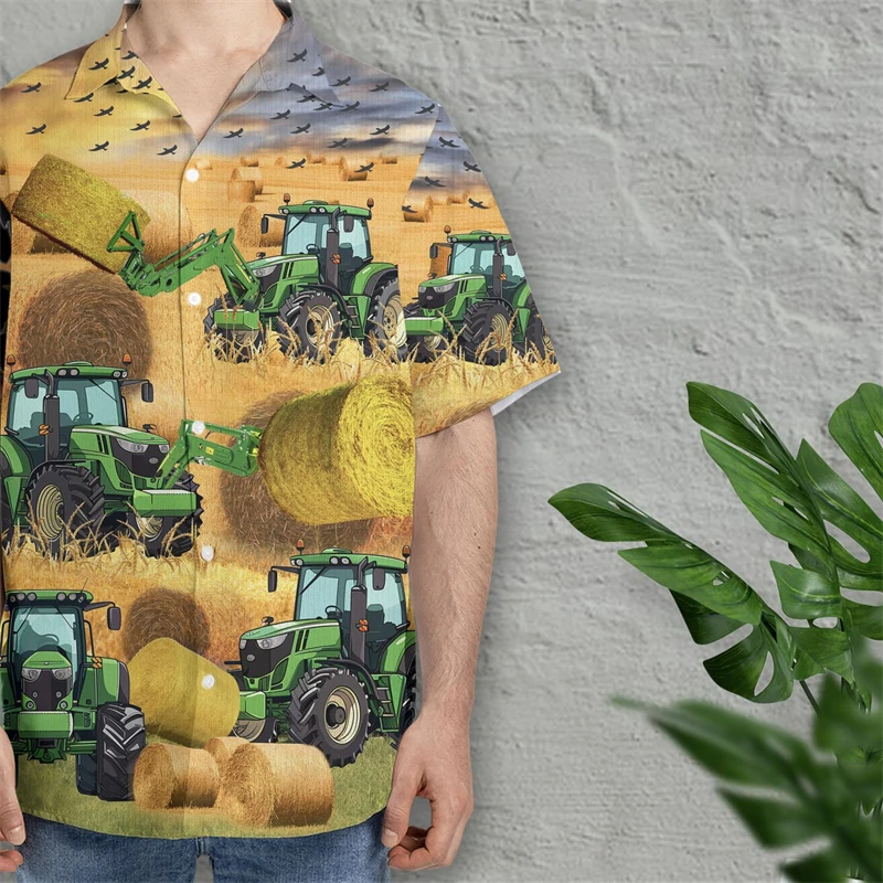 Fashion Tractor 3D Printed Shirts For Men Clothes Farm Work Lapel Blouse Agriculture Farmer Bumper Harvest Wheat Beach Shirt Top