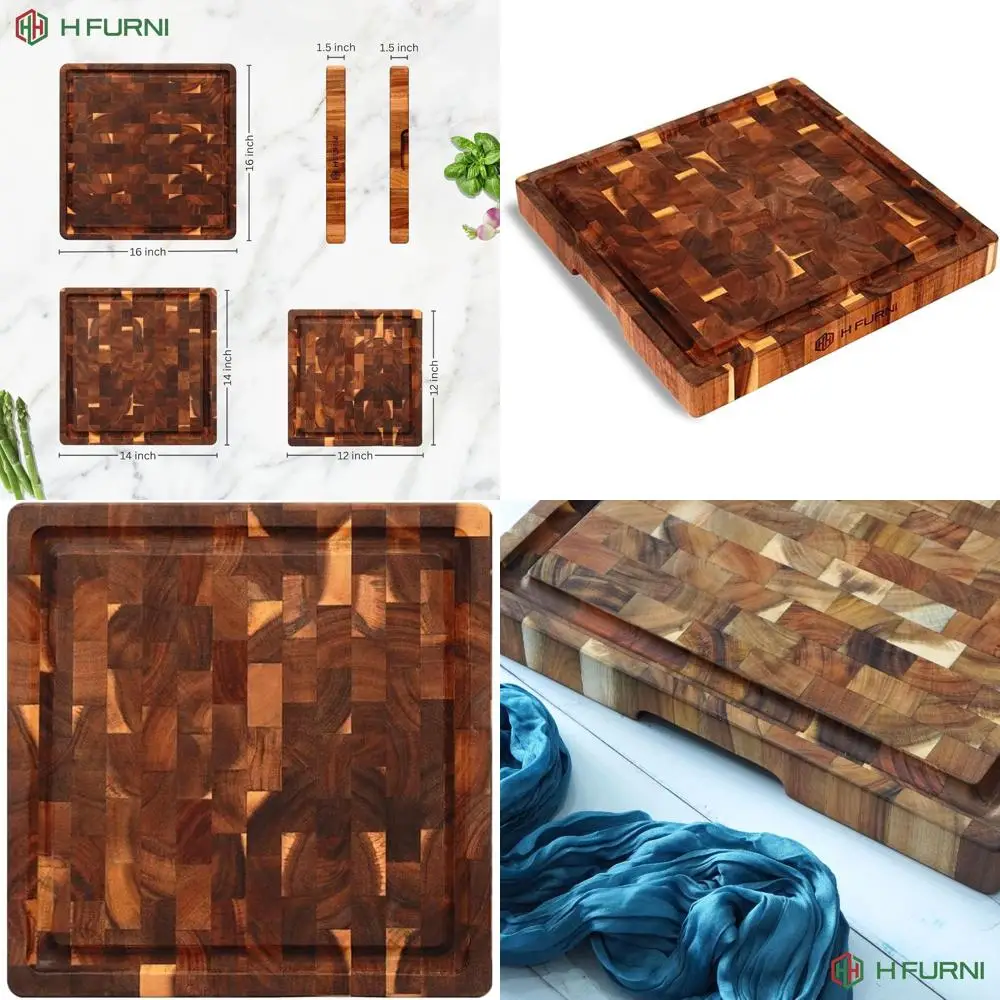 

12 Square Acacia Wood End Grain Cutting Board with Handles, 1.5 Thick, Durable for Meat, Cheese, and Charcuterie, Easy to Clean