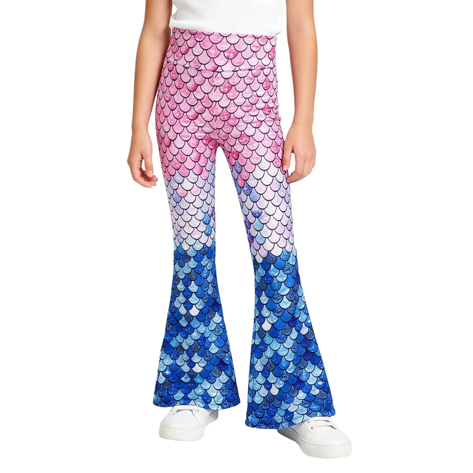 Kids Girls Fish Scale Printed Pants High Waist Dance Flared Trousers Elastic Waistband Bell-bottoms Leggings