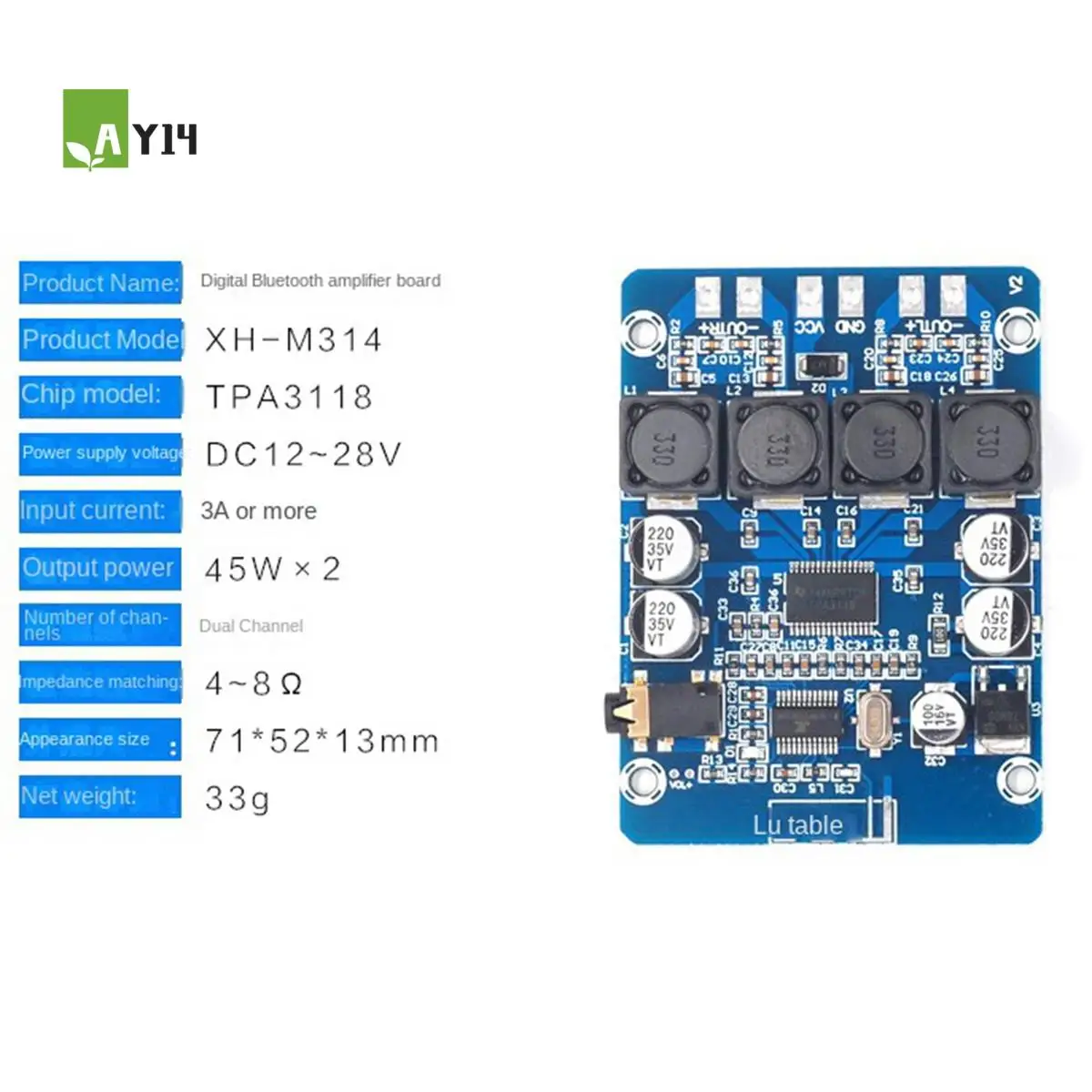AY14 -XH-M314 Bluetooth Digital Power Amplifier Board TPA3118 Dual 45W Audio Module AUX Decoding
