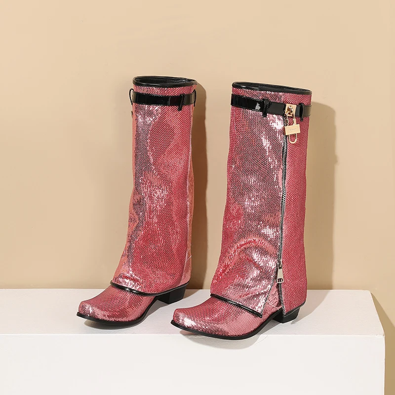 

Europe and the United States fashion trend of 2025 small sequins multi-color split thick heel pointed high boots
