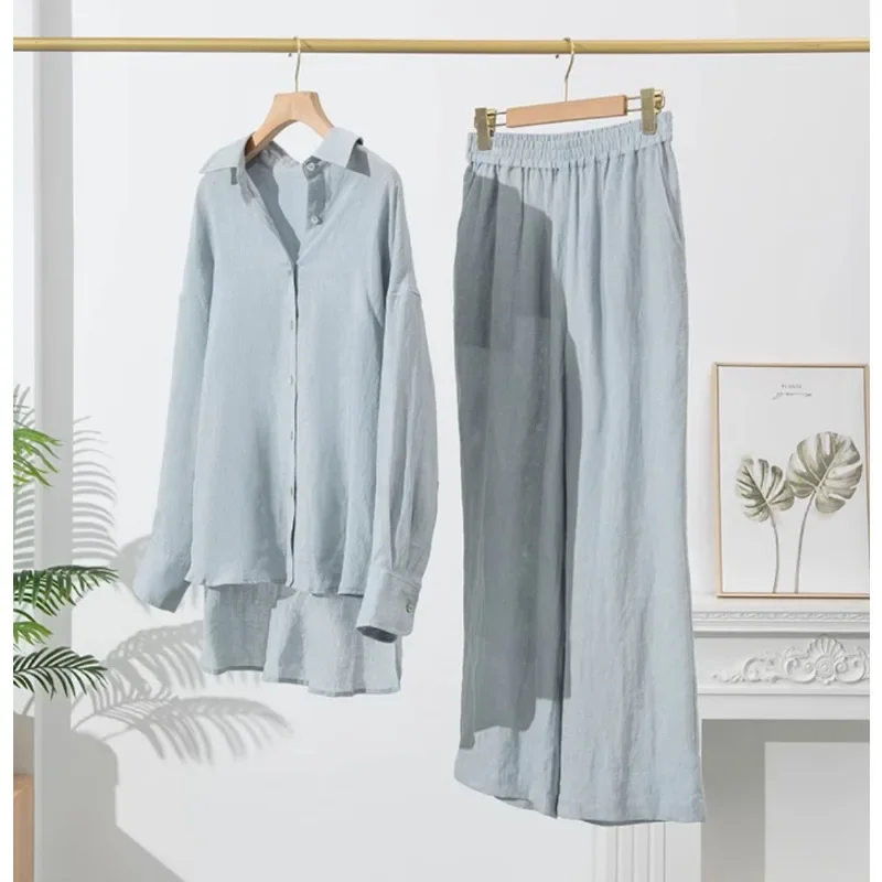 

SuperAen Summer New Linen Sets Women's Two-piece Shirt Long-sleeved Retro Solid Color Sunscreen Top Long Pant Women's Sets