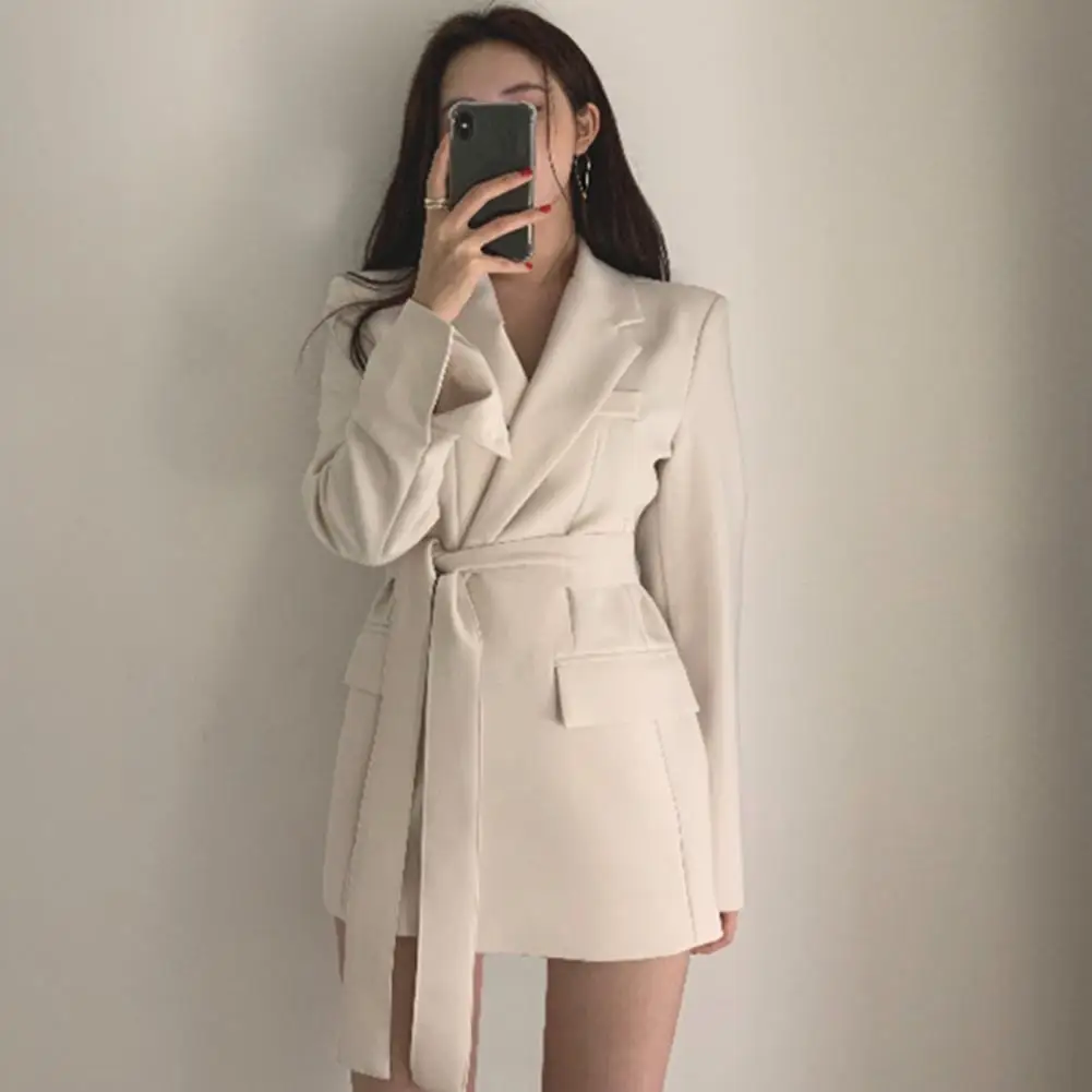 Classic Lapel Suit Coat Elegant Lace-up Lapel Suit Coat with Flap Pockets for Business Outwear Spring Autumn Solid Color