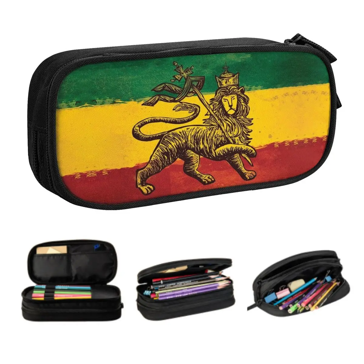 Korean Custom Rasta Flag Lion Of Judah Pencil Case for Jamaica Rastafarian Reggae Large Storage Pen Bag Box Stationery