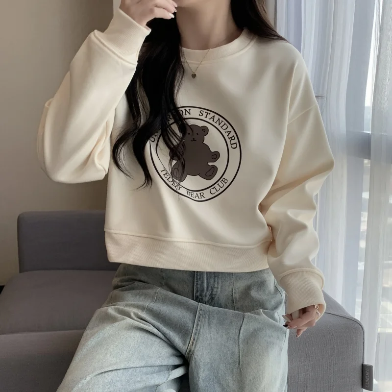 

Women Beige Sweatshirt Printing Vintage Long Sleeve Korean Fashion Baggy Casual Y2K Style Autumn 2023 Female Short Pullover Tops
