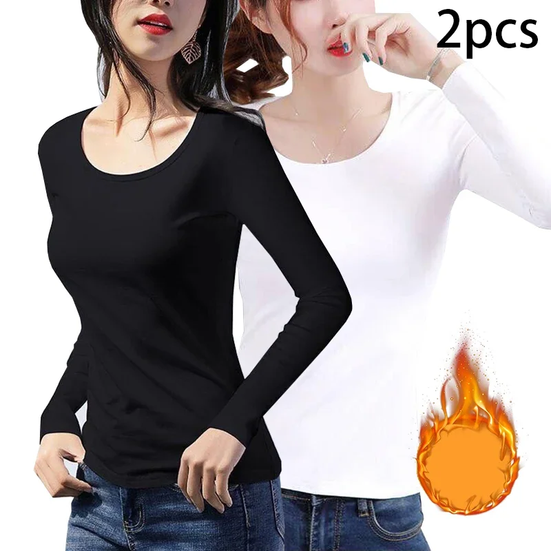 2pcs Women Autumn Winter Long-sleeved T-shirt  Lady Thermal Underwear Thick Velvet Slim Fit Fashion New Style Round-neck Top