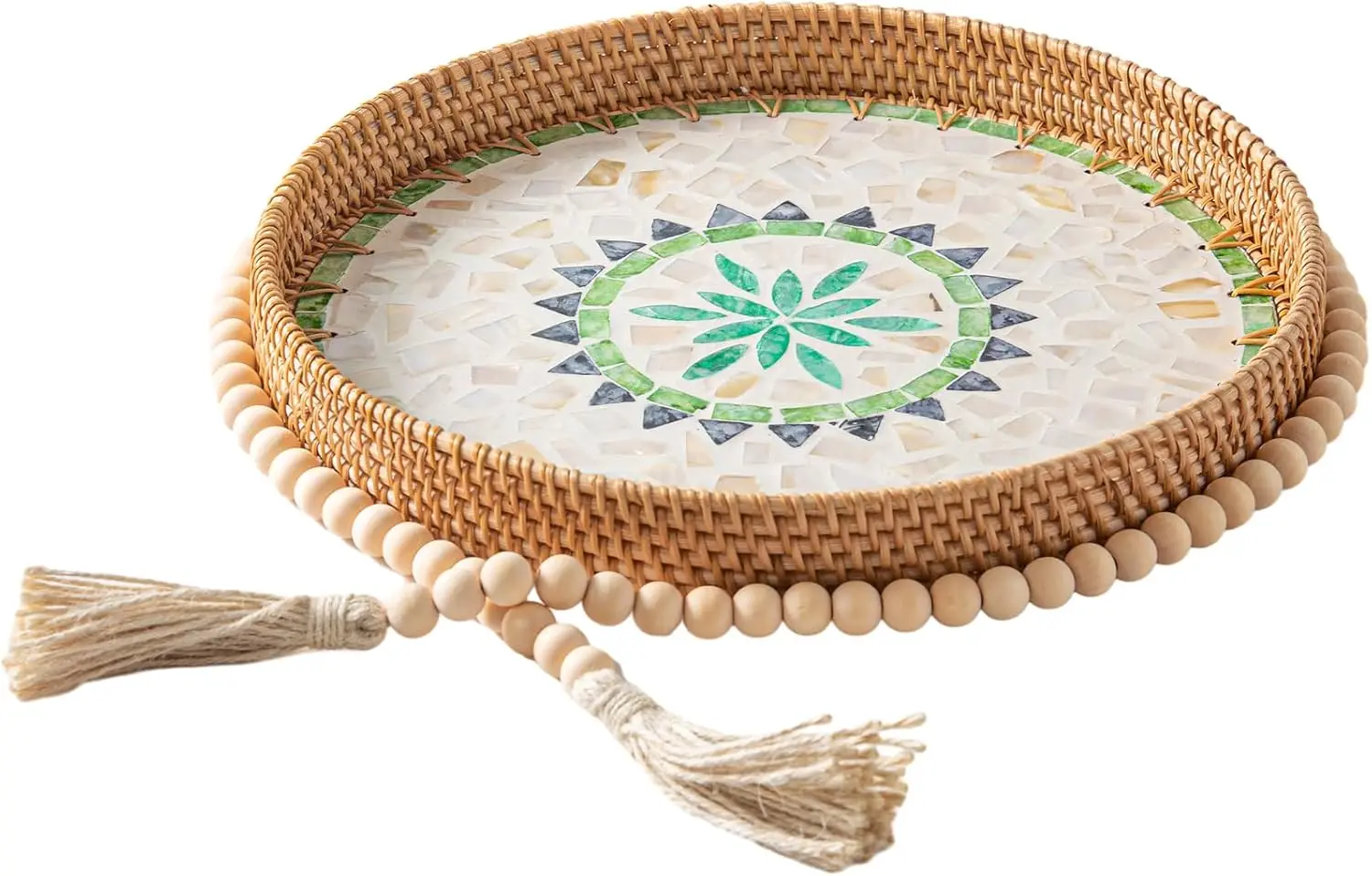 

14 H Round Rattan Tray Home Decor With Wood Bead Garland, Wicker Serving Tray With Mother Of Pearl Inlay, Boho Decorative Tray