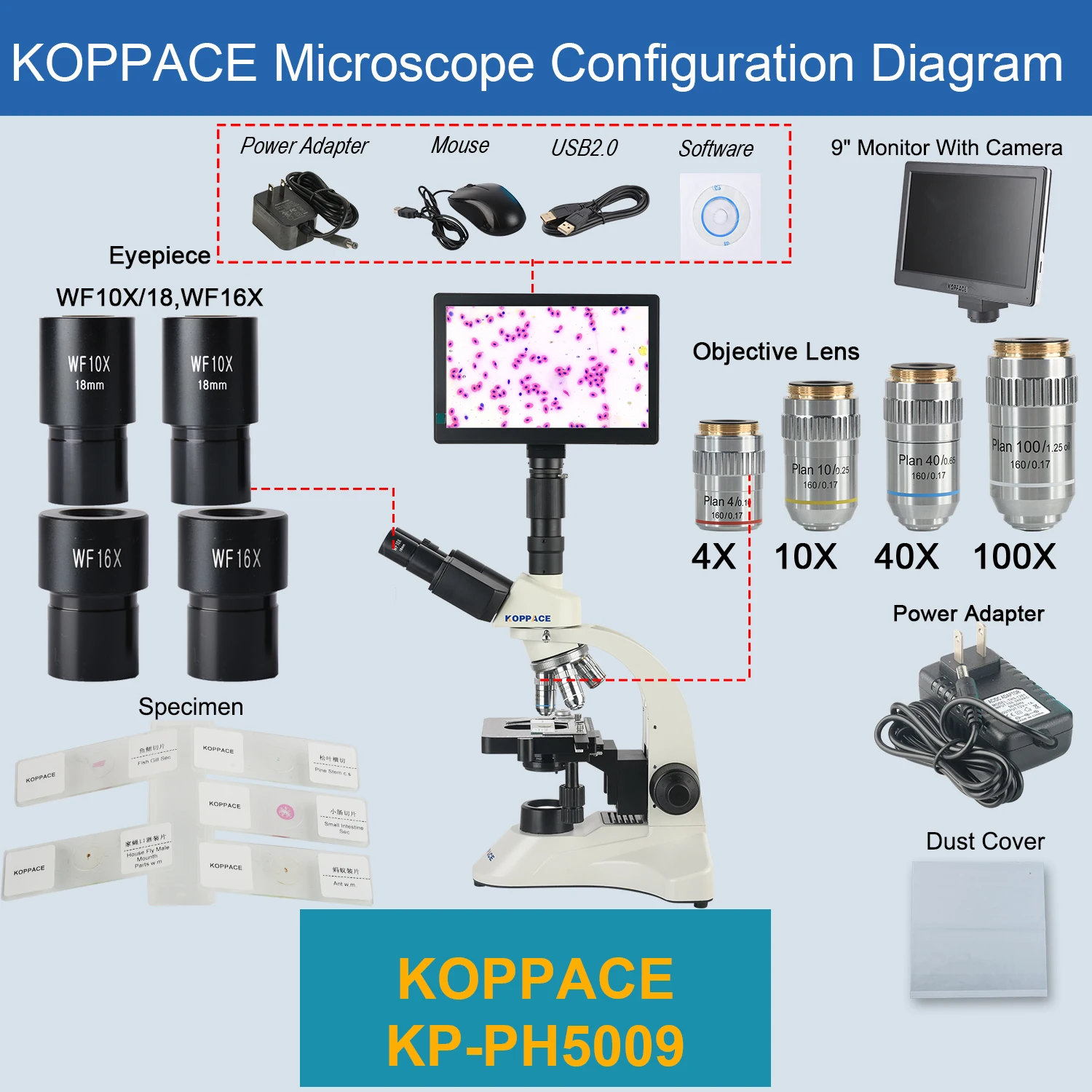 KOPPACE 40X-1600X Electronic Biology Laboratory Microscope 2 Million Pixels 9-inch HD Display