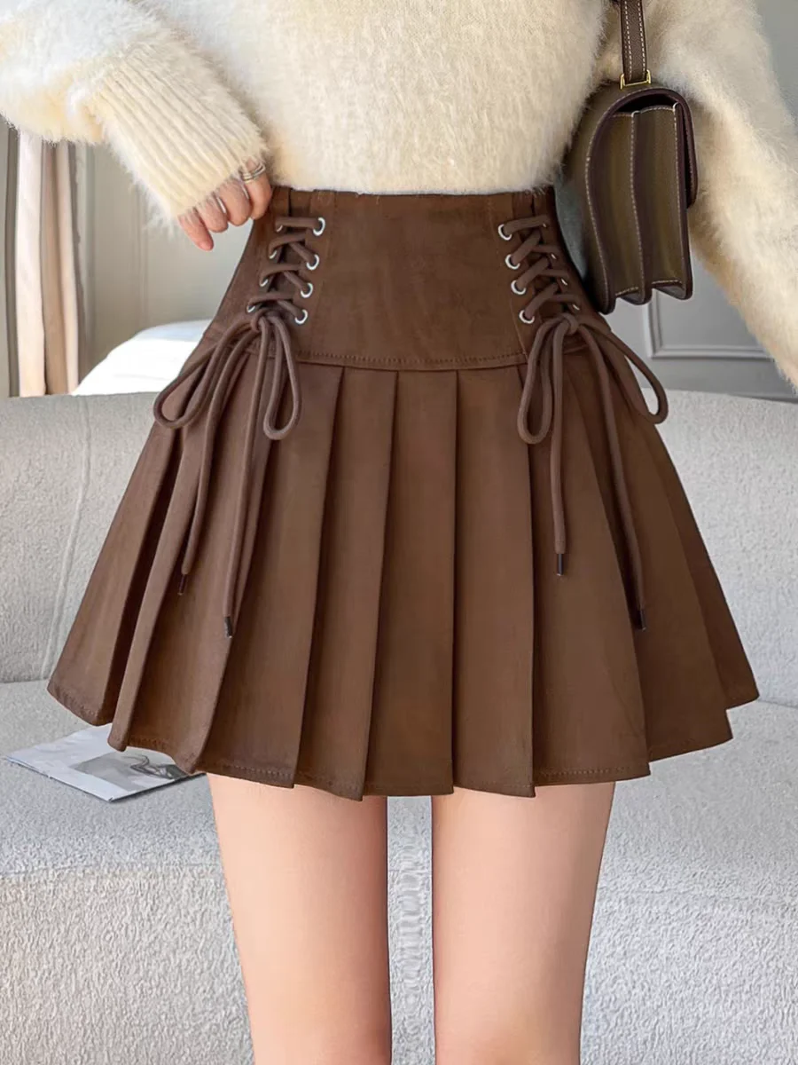 Women's 2025 New Collection Suede A-Line Skirts High Waisted Pleated Mini Flared Skirt for Autumn Winter, Casual Short Skirt