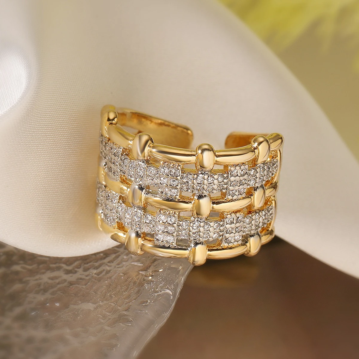Luxury Copper 14K Gold Plated Zircon Wide Open Adjustable Ring for Women Men Couple Wedding Jewelry Gift