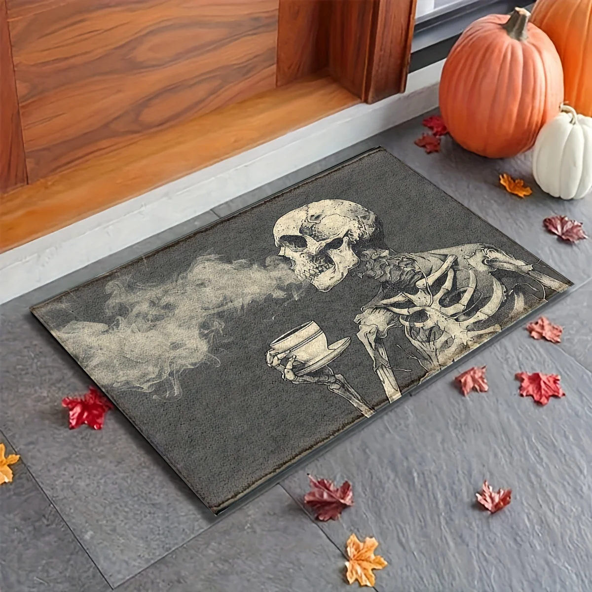 

VIKAMA Halloween Skeleton Coffee Rug Skeleton Fall Leaves & Pumpkin Elements Entrance Welcome Theme Party Holiday Decor