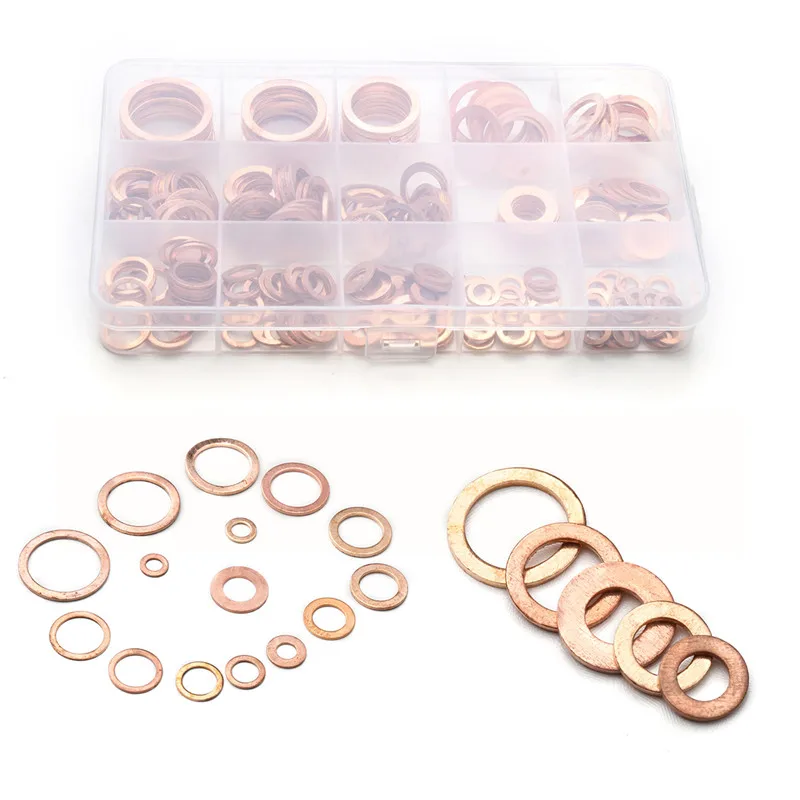 250PCS Flat Ring Washer Gasket M5 M6 M8 M10 M12 M14 M16 M18 M20 M22 Solid Copper Crush Spacer Oil Brake Sealing Kit