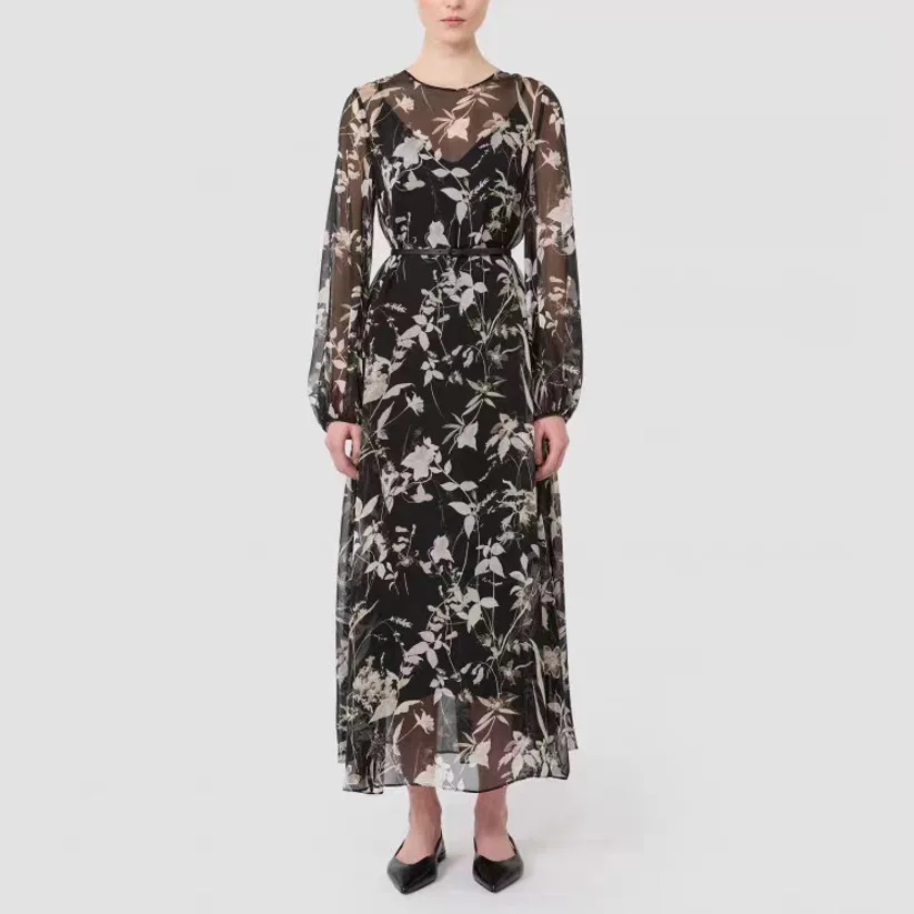 

Withered 2026 Summer New French Elegant Black Bottom White Flower Chiffon Perspective Waist Slimming Silk Dress