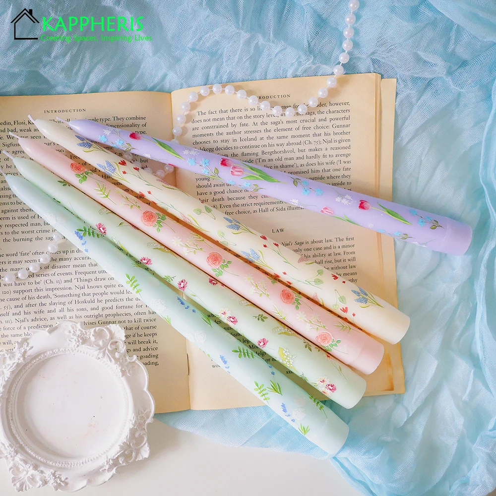 7.5\'\' Taper Scented Candles Romantic Hand Painted Rose Long Candle for Dinner Table Decoration Wedding Country Decor