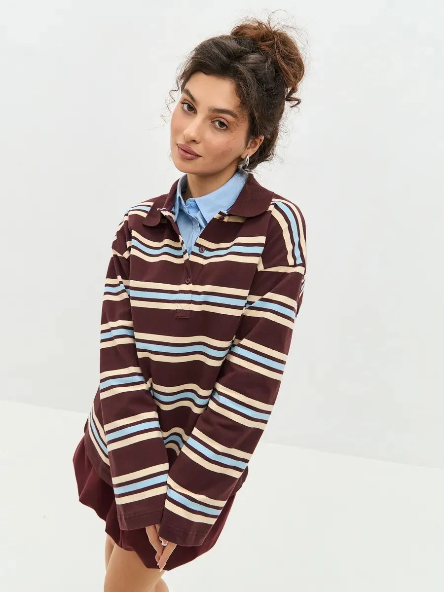 Autumn Polo Shirts Women Long Sleeve Crop Tops Color Block Green Striped Print Polo Shirts Mujer Casual Tops Striped Brown