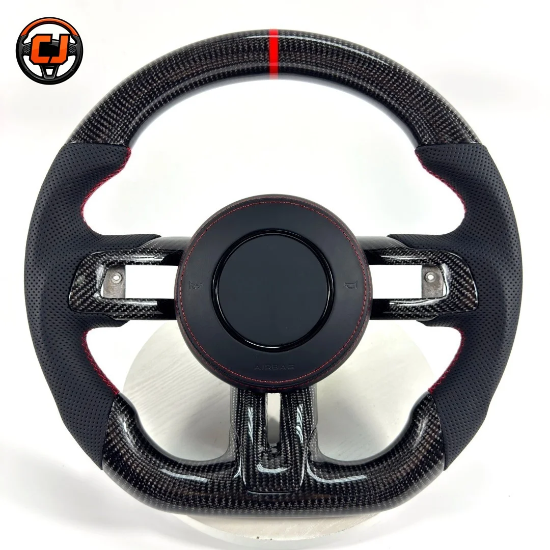 For Ford Mustang GT V6 EcoBoost Shelby GT350 GT500 2015-2023 Red Stitch Carbon Fiber Perforated Leather Steering Wheel view 3