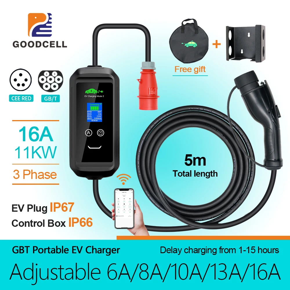 

GOODCELL APP GBT EV Charger WIFI Bluetooth Support 16A 3P 11KW EU Plug For Home Charge Delay Control By Phone IP66