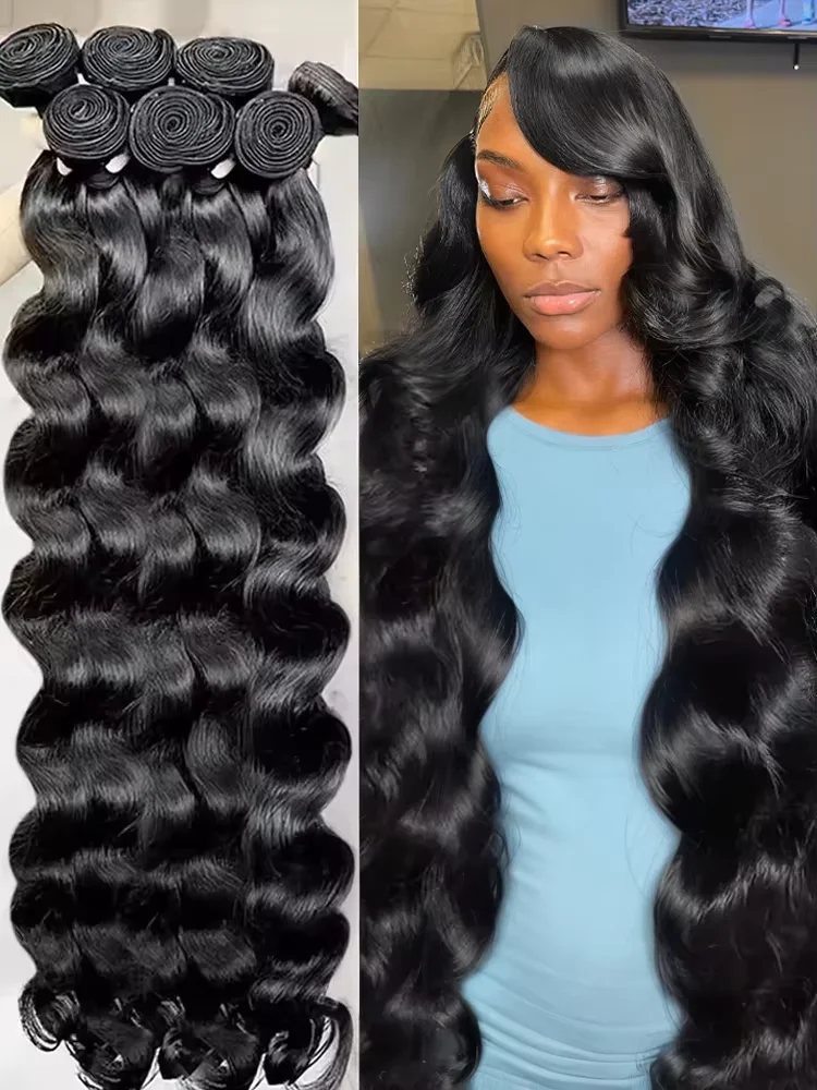 

30 32 34 Inch Body Wave 3 4 Bundles Brazilian Remy 100% Unprocessed Raw Human Hair Wavy Double Drawn Bundles Weave Extensions