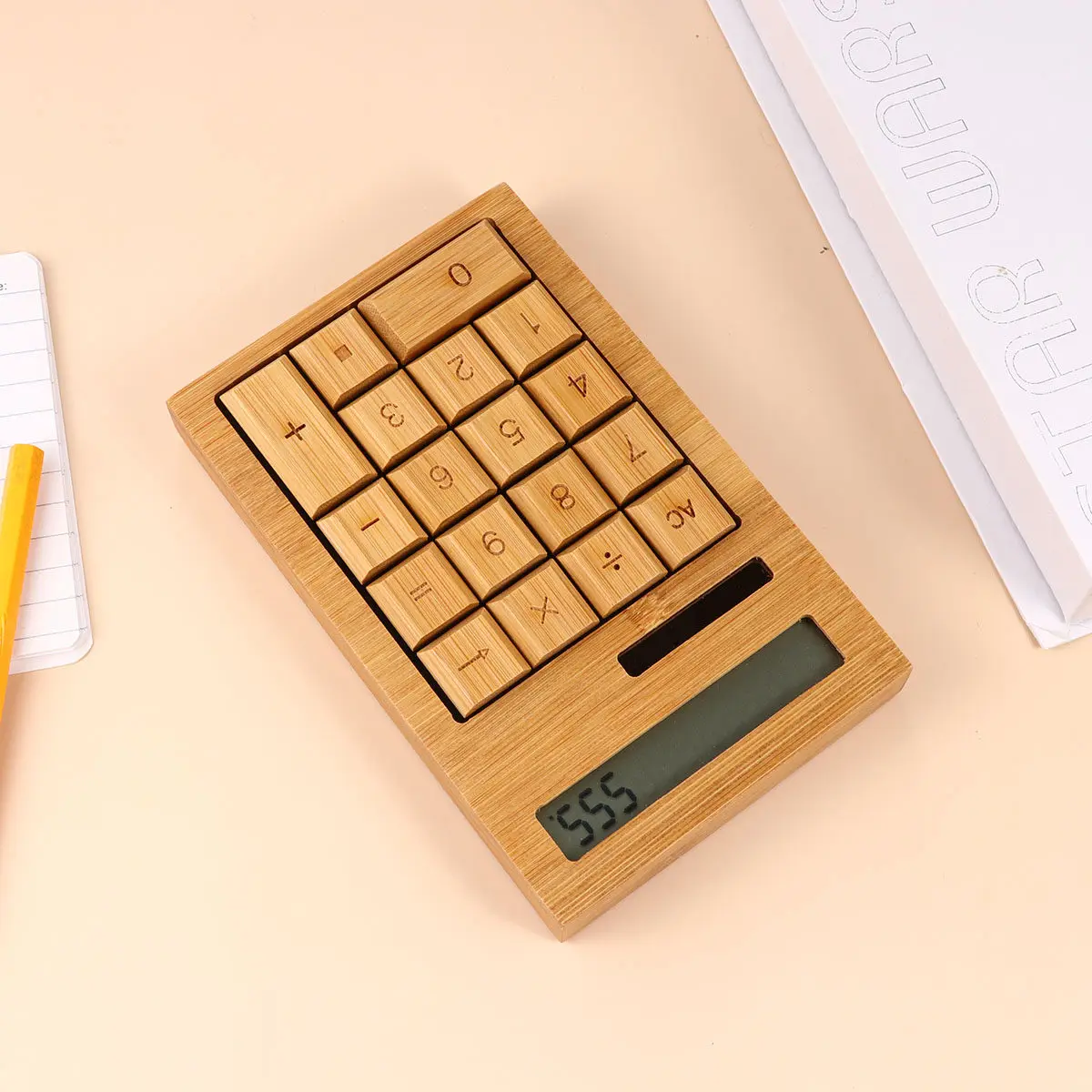 Calculator Basic Office Calculators Desk with Retro Design Desktop Business Bamboo Solar Light Brown