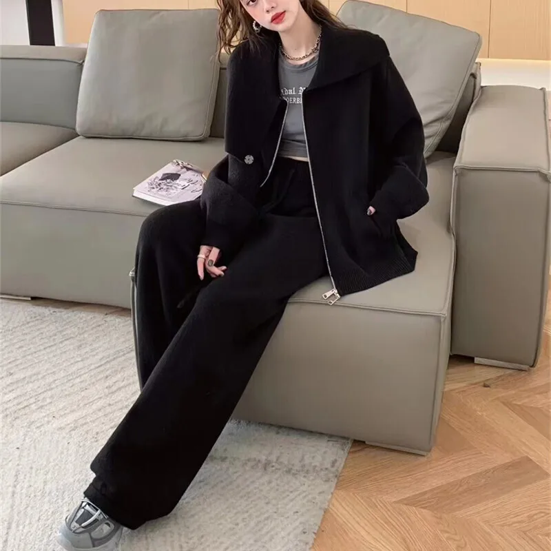 여성용 한국 스타일 니트 세트, 스카프, 지퍼, 긴팔 스웨터, 하이웨이스트, 긴 바지, 캐주얼, 2024 신상