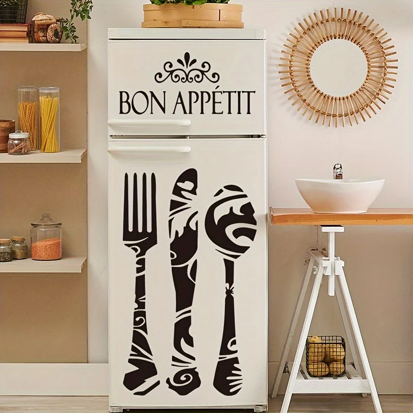 BON APPETIT Kitchen Refrigerator Stickers Waterproof Fridge Wall Sticker Art Mural Wallpaper DIY Knife and Fork Home Decoration