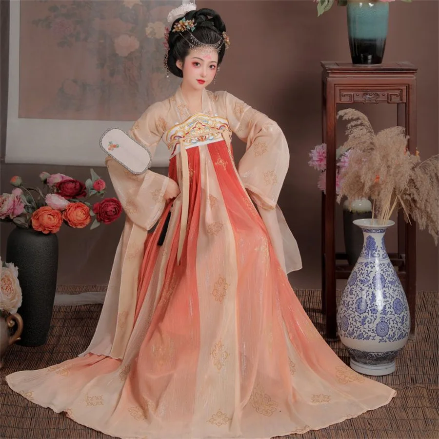 Fantasia de dança hanfu feminina, roupas elegantes, dinastia Tang, fada, delicadeza, estampada, estilo chinês, nova moda, 2024