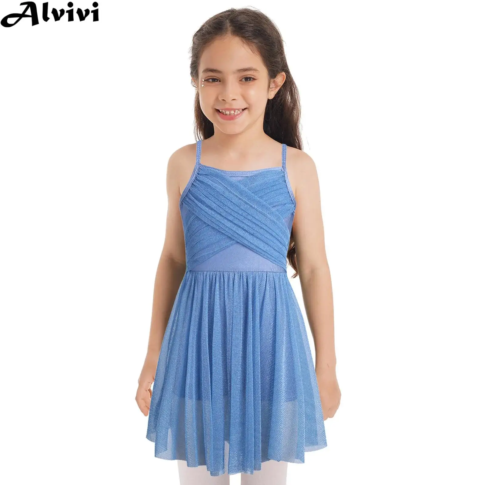 Kids Girls Lyrical Dance Dress Ballet Gymnastics Skating Leotard Tutu Sleeveless Shiny Mesh Dancewear for Stage Performance