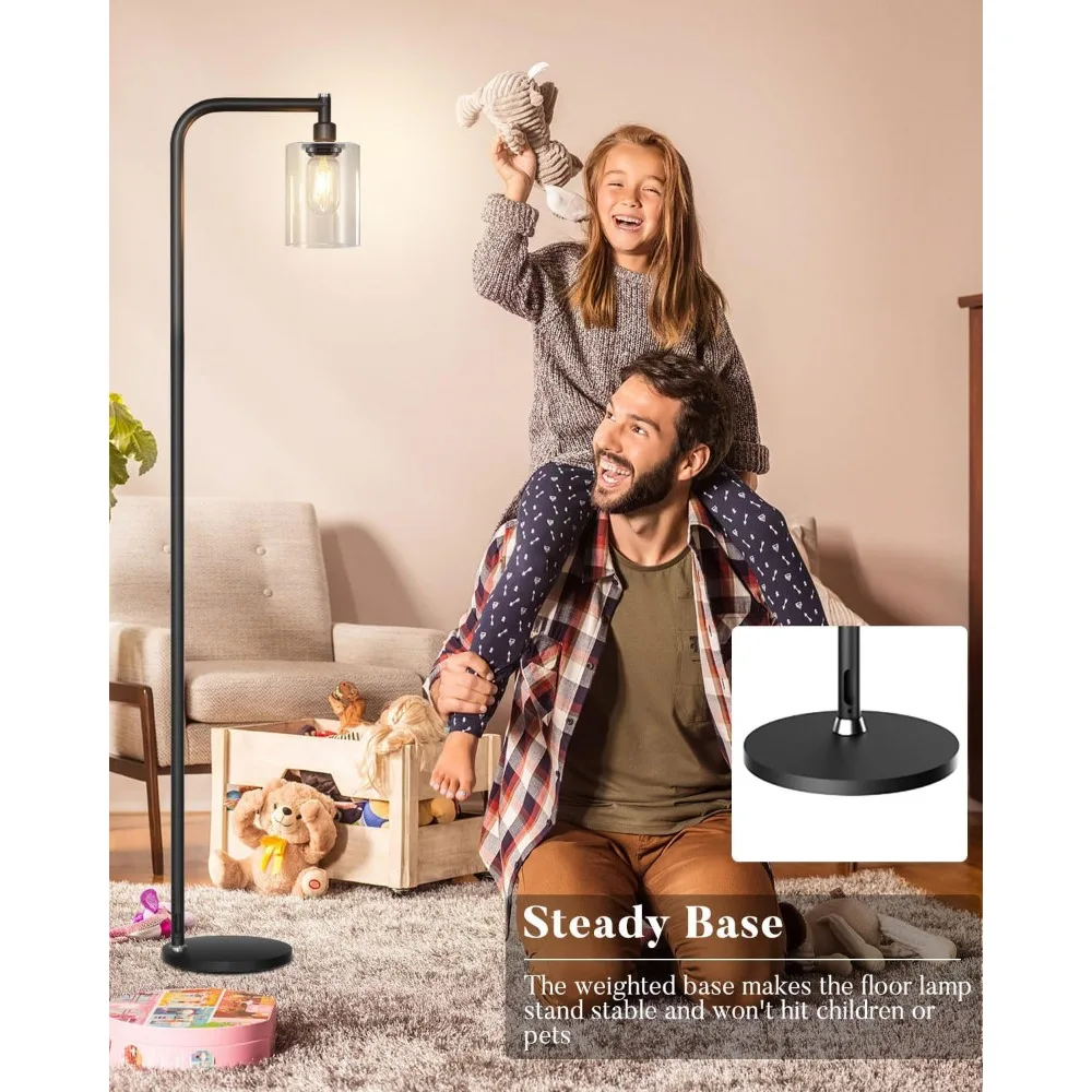 مصباح أرضي صناعي Lightdot 63 بوصة، مصابيح قائمة حديثة سوداء مع عاكس الضوء الزجاجي الشفاف، مصباح أرضي للمزرعة لغرفة المعيشة