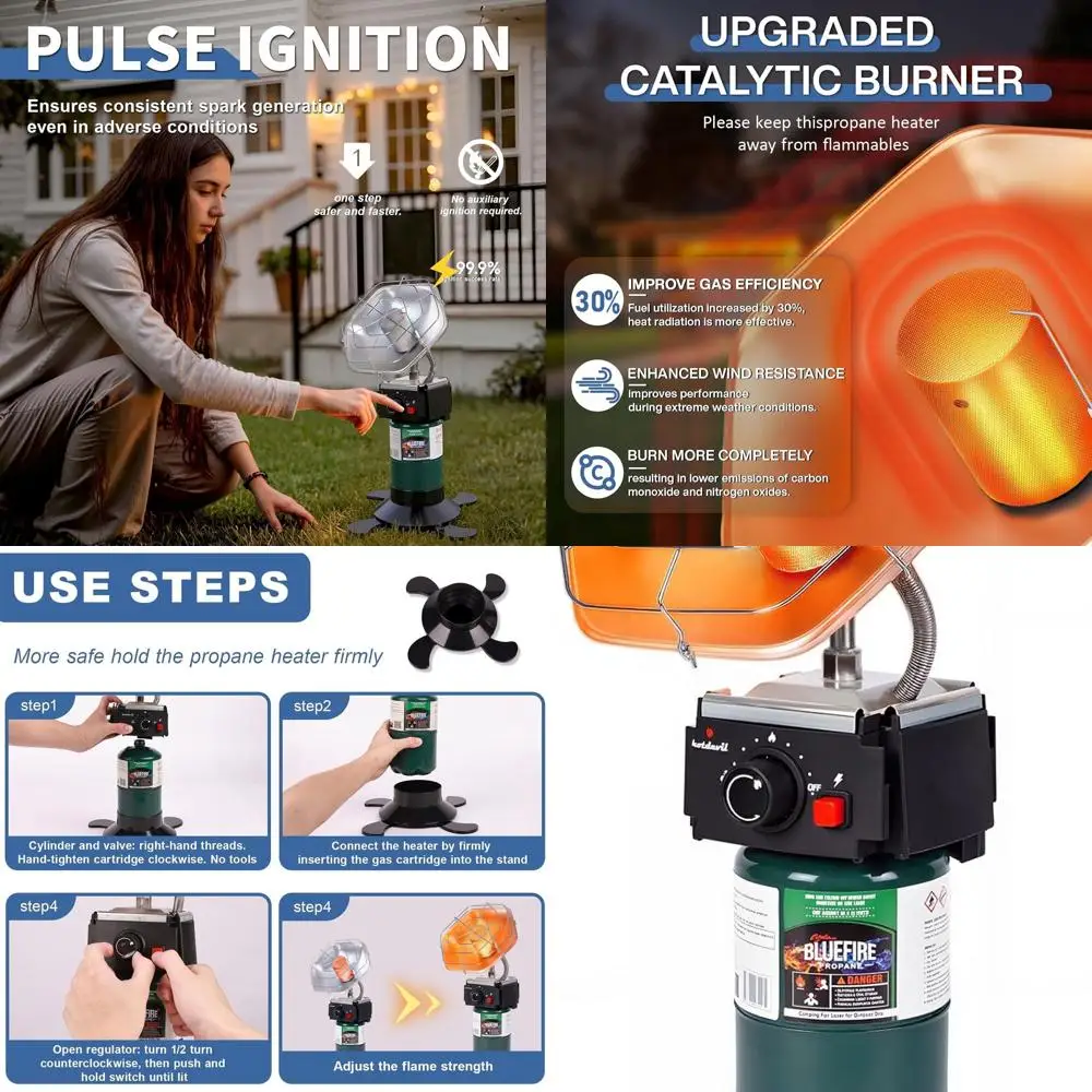 

Каталитический пропановый обогреватель для патио, 8520 БТЕ, складное основание, импульсное зажигание, идеально подходит для улицы (газ в комплект не входит)