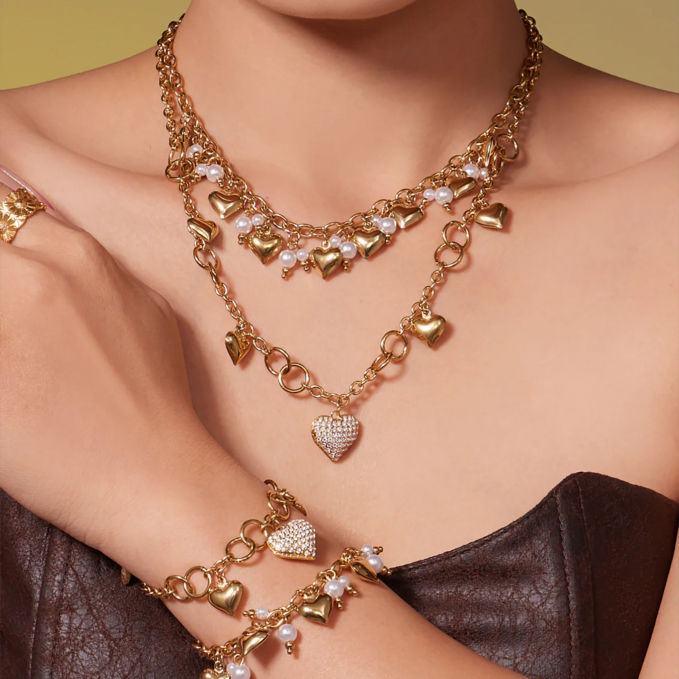 

18K Gold Plated Stainless Steel Multi Charm Necklace Bracelet Set Cute Heart CZ Pendant Layered Choker Aesthetic Jewelry