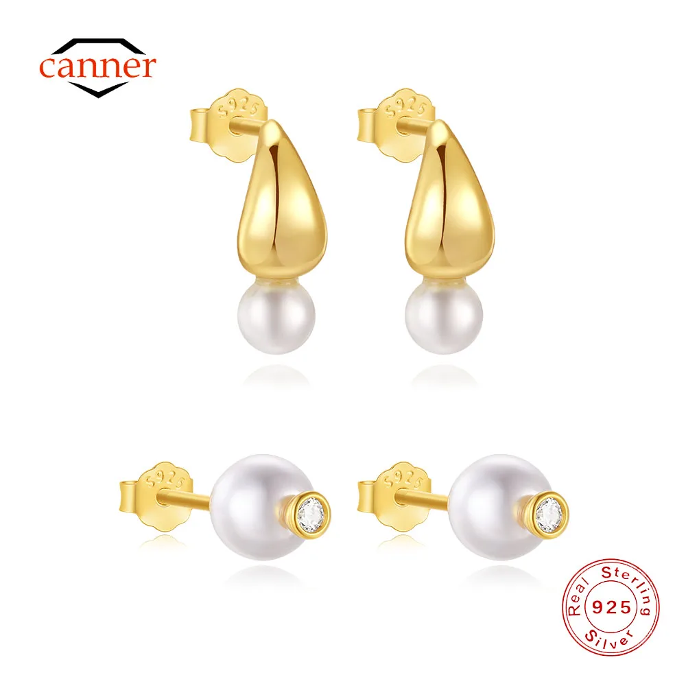 

CANNER Artificial Pearl Simple Glossy 925 Sterling Silver Stud Earring For Women Ins Minimalism Water Drop Zircon Fine Jewelry