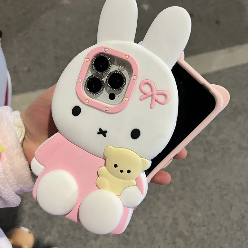 Kawai Miffy Phone Case For IPhone 16 Pro Max 15 14 Pro 14 13 3D Standing Rabbit Design Soft Silicone Decorative Smartphone Cover