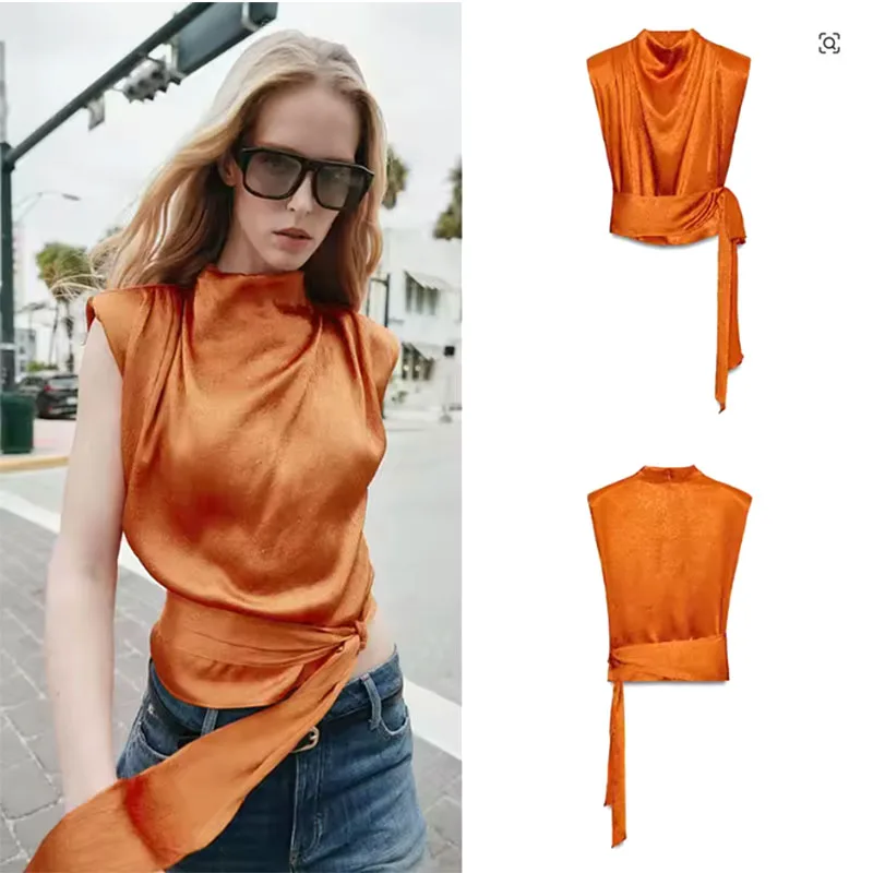 Satin Shawl Collar Sleeveless Crop Top, Women's Elegant Side-Tied Waist Shirt, Luxurious Smooth Silk-Like Tank