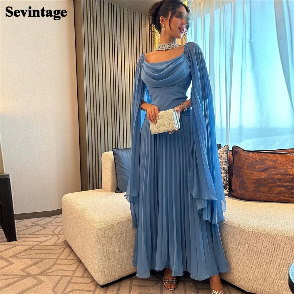 

Sevintage Customized Blue Arabia Chiffon Prom Dresses Scoop Long Cape Sleeves Pleated Party Growns فساتين للحفلات الراقصة 2024