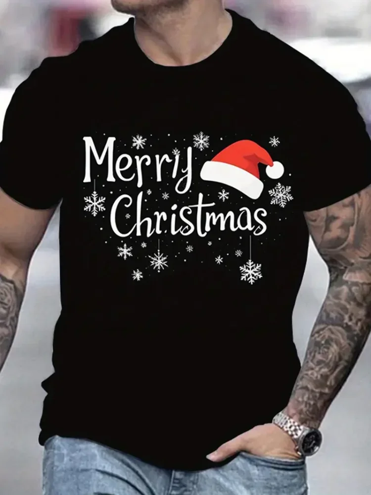 Fashion Men's Split Christmas Santa Claus Graphic T-Shirt Snowflake Print Short Sleeve Crew Neck Tee Xmas Holiday Tops for Men