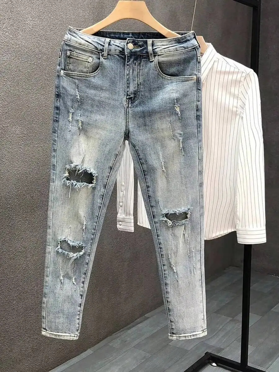 Men Ripped Skinny Jeans Washed Blue Slim Fit Ankle Pants Streetwear Fashion