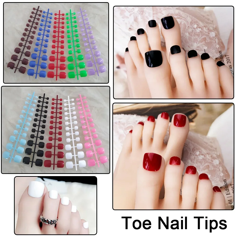 Mixed 5 Colors Toe Nail Tips Full Cover Foot Toe False Nails Toe Fake Nails Candy Color 5 Sets Foot Toe French Nails Art Tips