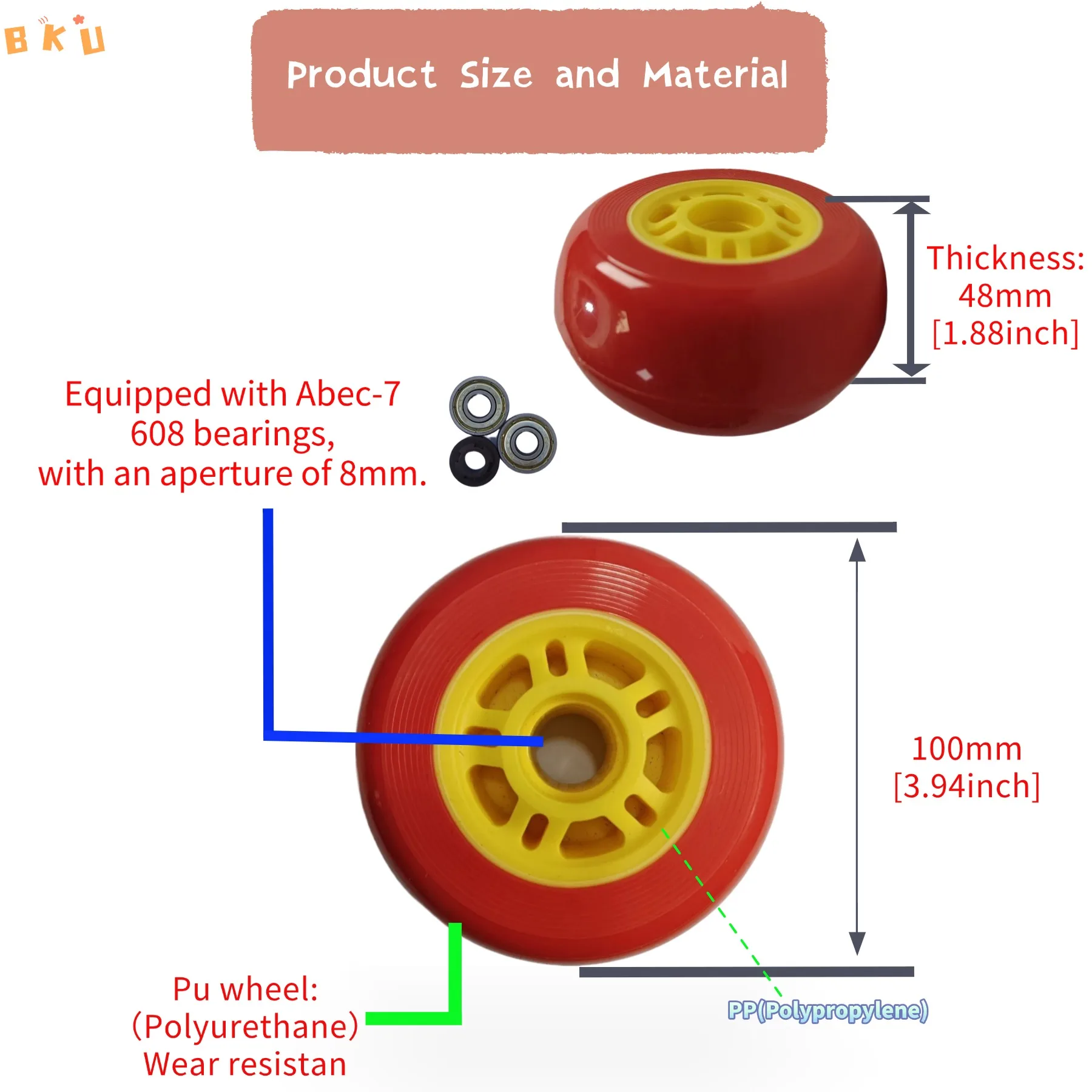 

2PCS 100mm × 48mm PU Rear Wheel Assembly for Kids Ride-On 3-Wheel Scooter, Fits Strollers/Scooters/Walkers