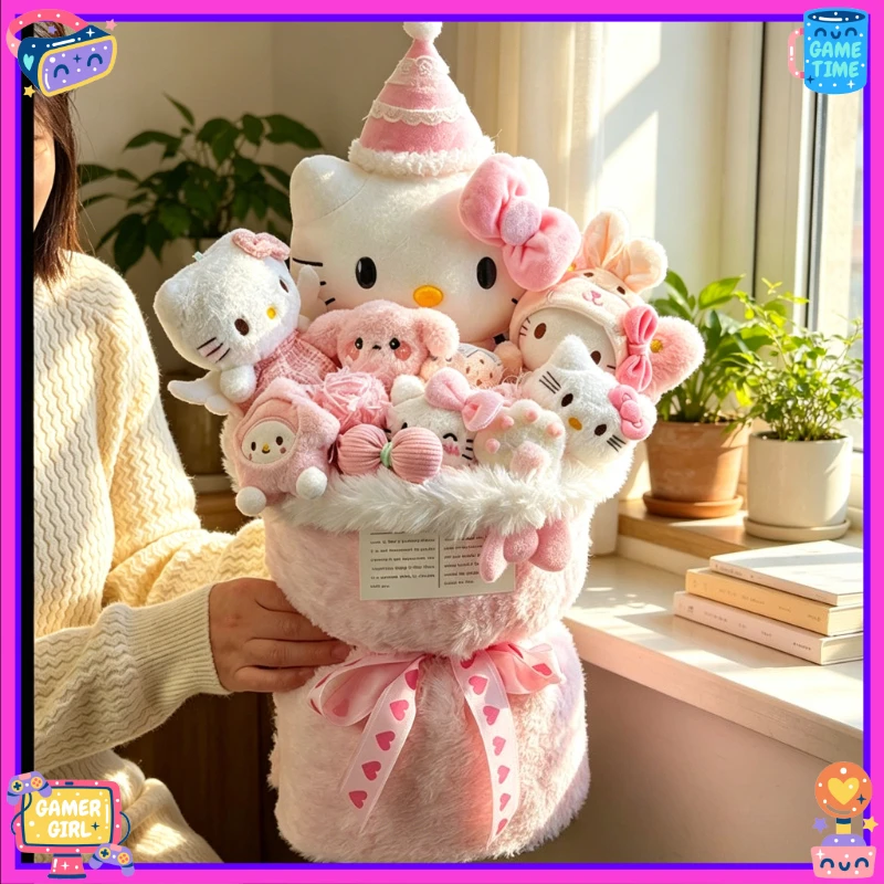 

Sanrio Hello Kitty Plush Bouquet My Melody Cinnamoroll Kuromi Kawaii Stuffed Doll Flower Gift Box Birthday Valentine's Day Gift