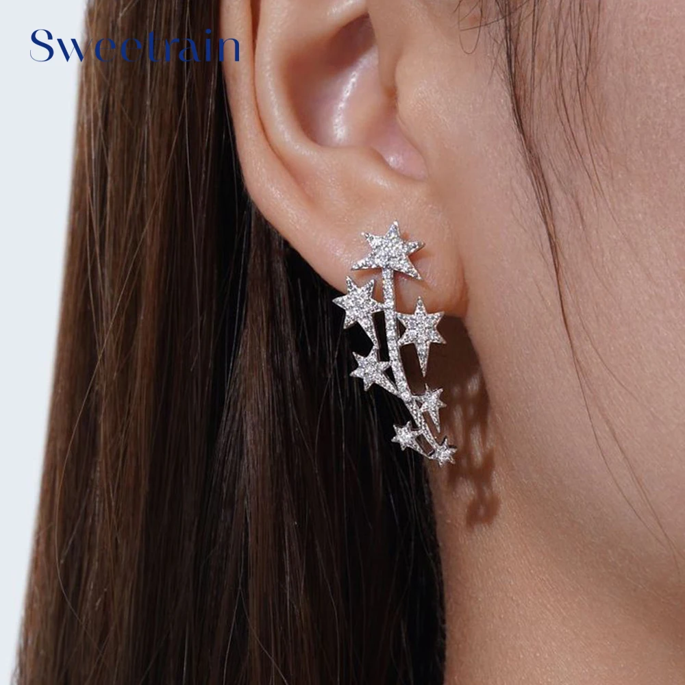 

Серьги-гвоздики Sweetrain Star с муассанитом для женщин, из стерлингового серебра S925 с позолотой 18K, висячие серьги, свадебные украшения