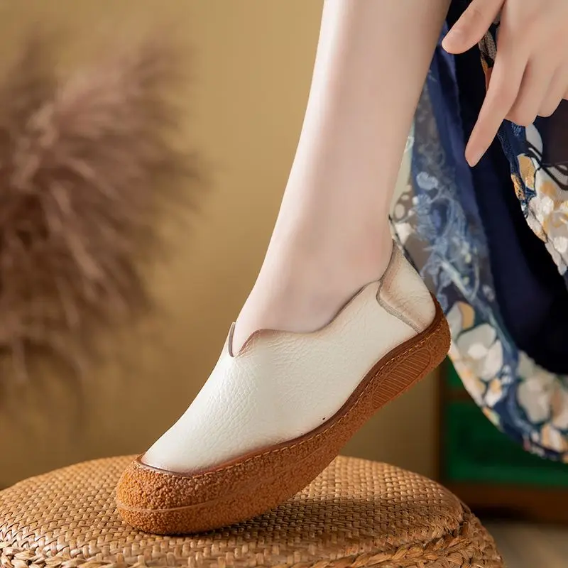 New V cut cow leather shoes for women luxury wide toe ballet flats ladies vintage slip on roman shoe top quality brand moccasins