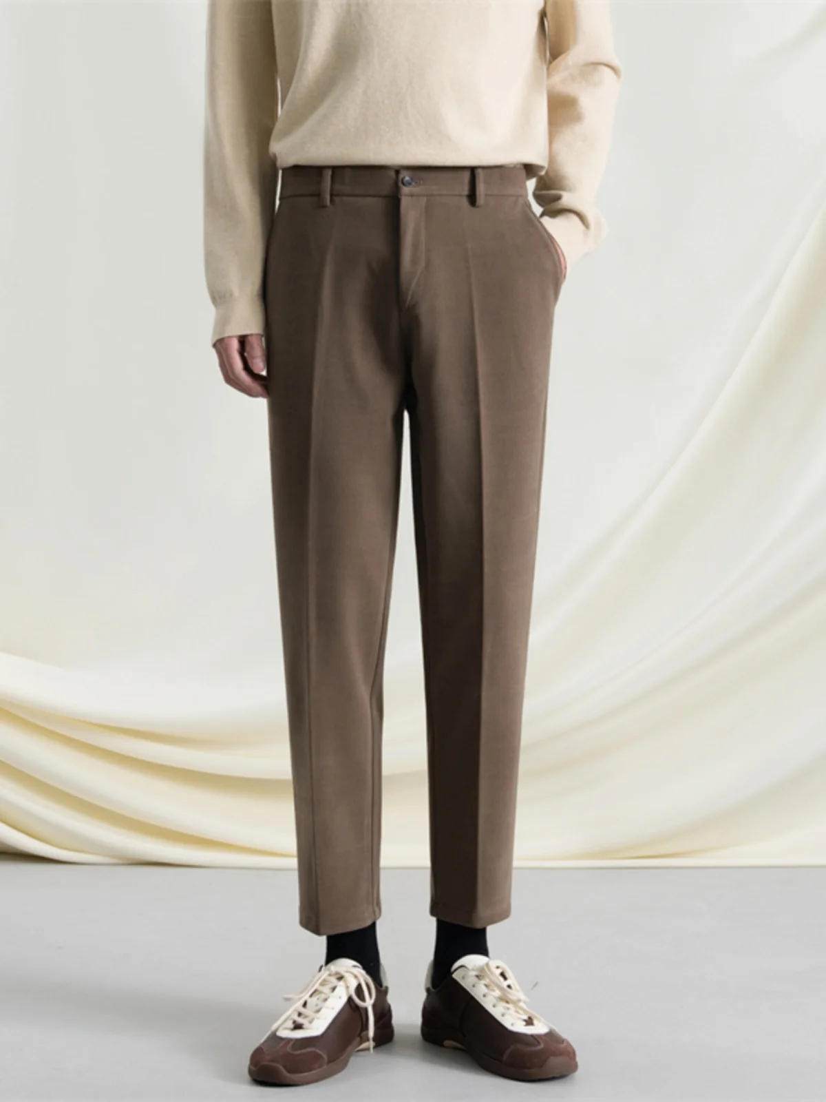 

Autumn Winter Men's Coffee Brown Warm Woolen Nine-Tenths Casual Pants Slim Fit Drapey Straight Leggings Korean Sle Polyeste...