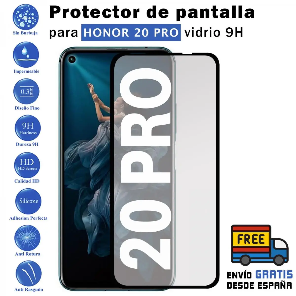 Huawei Honor 20 Pro black tempered glass screen Protector 9H for movil - Todotumovil