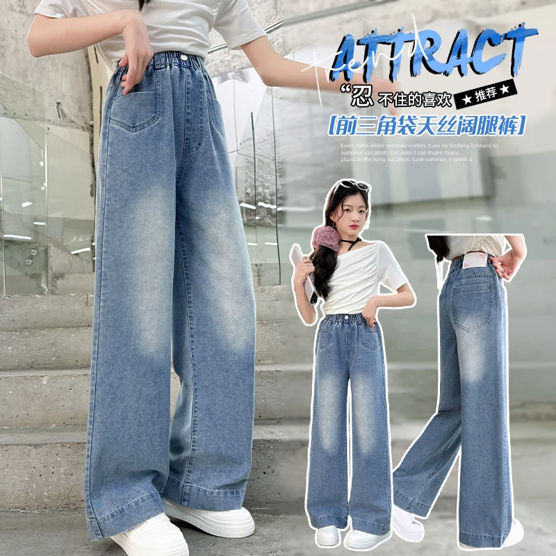 

Tween Children Spring Summer Denim Pants Kids Straight Trousers With Special Pockets Designed Girls Daily Classical Blue Jeans