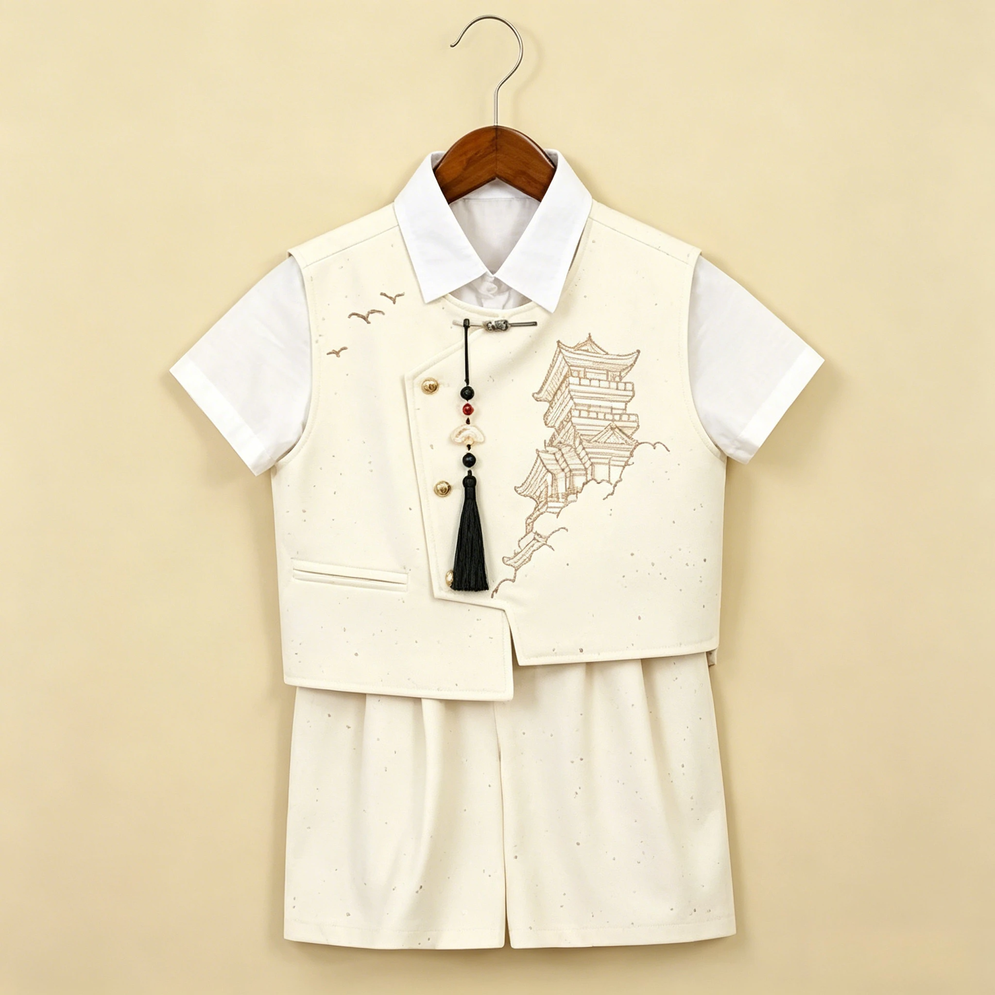 Boys Chinese Style Suit Set Ink Architecture Print Vest Shirt Shorts with Tie Kids Formal Outfit for Wedding Party Photoshoot