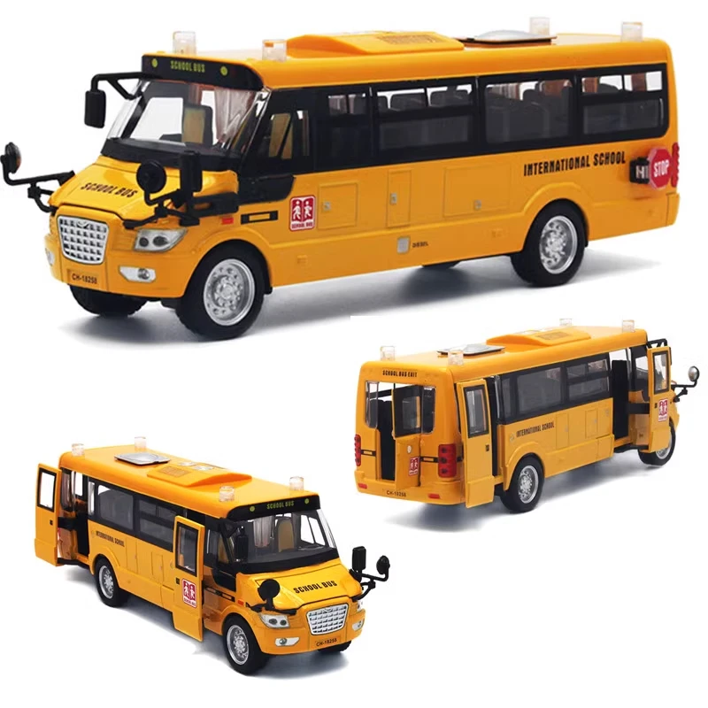 Children School Bus High Precision Alloy Model Diecast Metal Material Simulation Sound Light Pull Back Kid Gifts Hobby Collectio