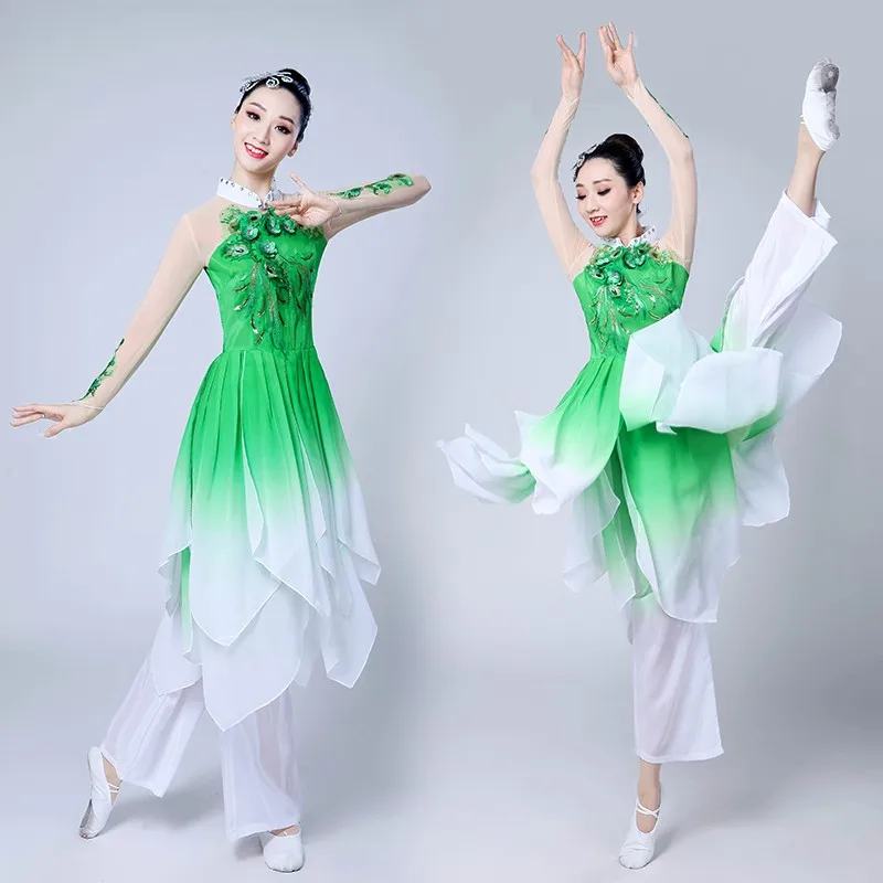 Traje de baile Yangko para mujer, ropa de bailarina de baile nacional chino, ropa Hanfu, paraguas de baile cuadrado elegante, traje de baile abanico