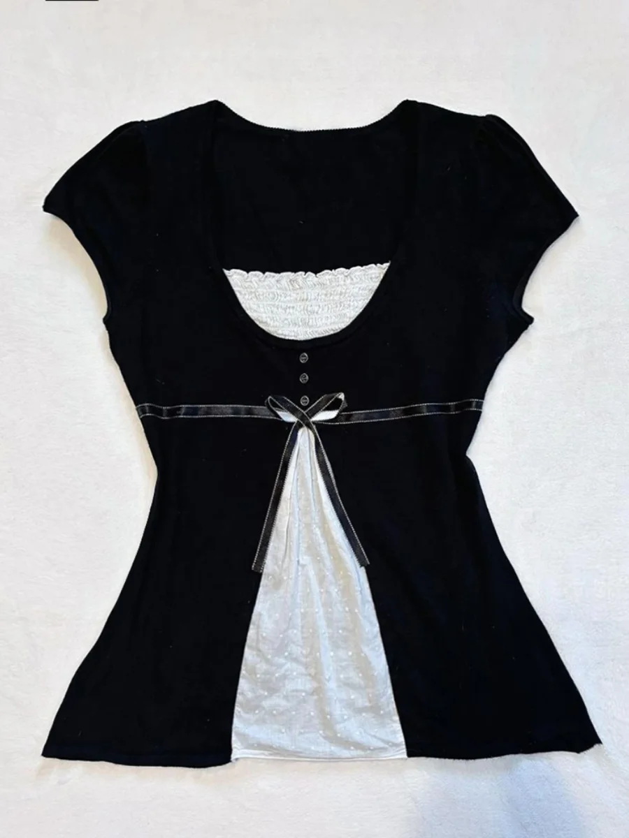 

Original Beautiful Bla Lace Splicing T-irt Women's Summer Sweet Anti-aging Design Sensation Small Beautiful Top