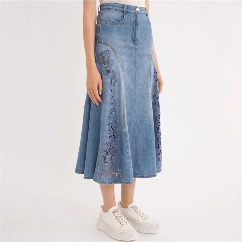 

Skirts for women New Summer 2024 Retro pure cotton Women's half skirt Flower embroidered hollowed out denim skirt y2k Long skirt